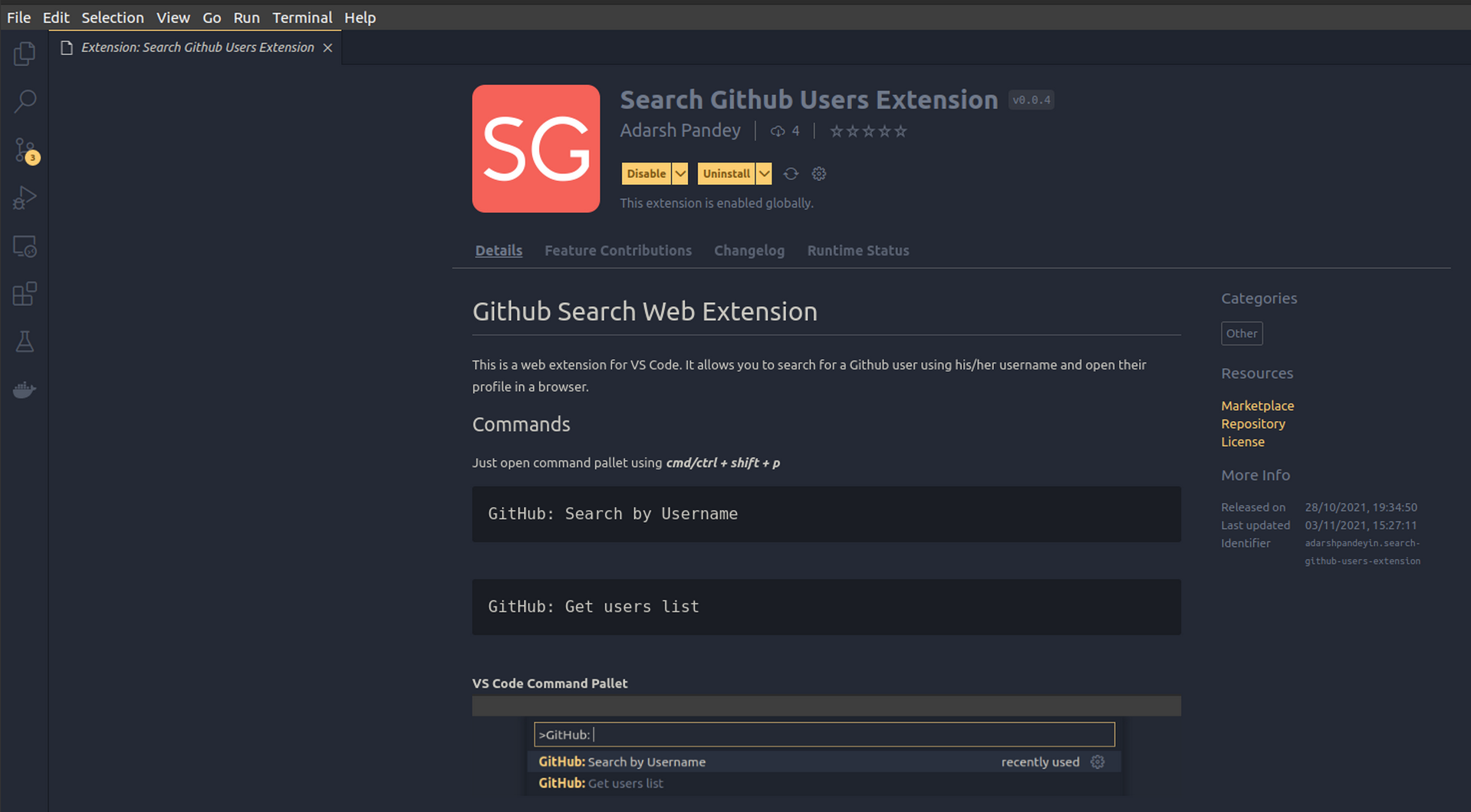 Search Github Users VS Code Web Extension snapshot